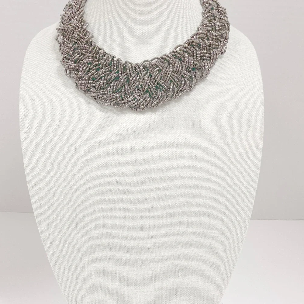 Vintage Gray Seed Bead Woven Collar Necklace - Picture 2 of 6